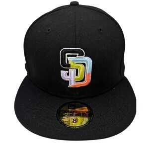 New Era 59FIFTY San Diego Padres Black Multi Color Fitted Hat Size 8 1998 WS